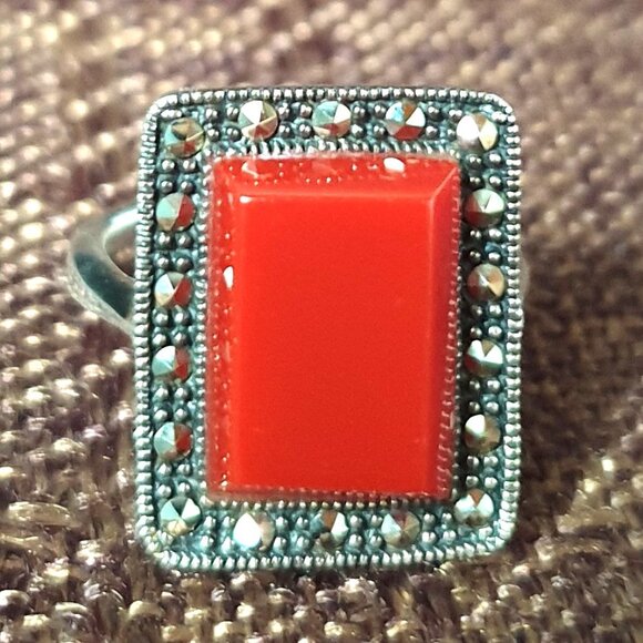 Rare Vintage Carnelian Marcasite 925 Sterling Art Deco Revival Statement Ring - Picture 8 of 12